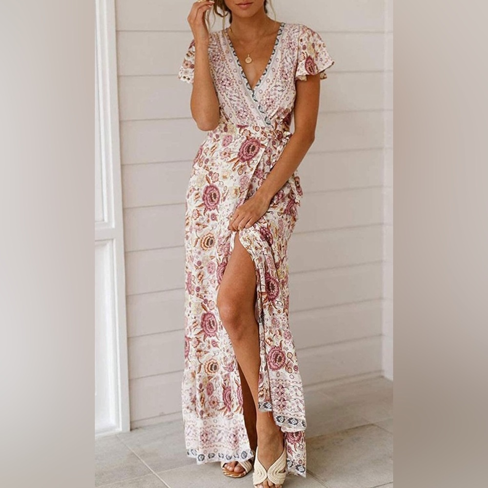 Bohemian Sundress Wrap Dress with Leg Slit Size S